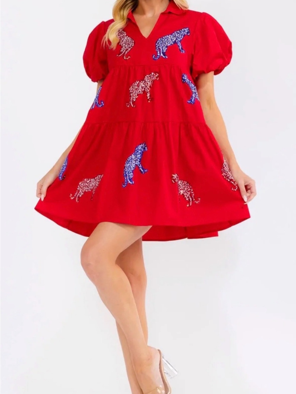 Girls' Red Tiered Dress with Leopard Appliqué